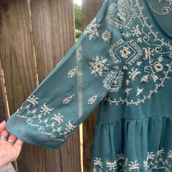 Free People Boho Pennies Sequel Teal Blue Green Embroidered Bell Sleeve Blouse - Picture 3 of 9